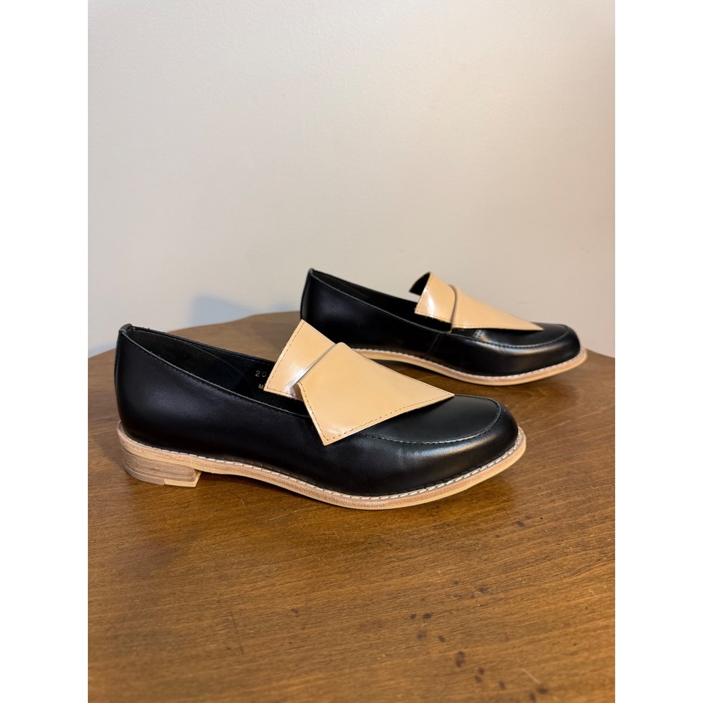 ALL BLACK Women's Cowman Leather Loafers Tan Accent Block Heel Size 38‎